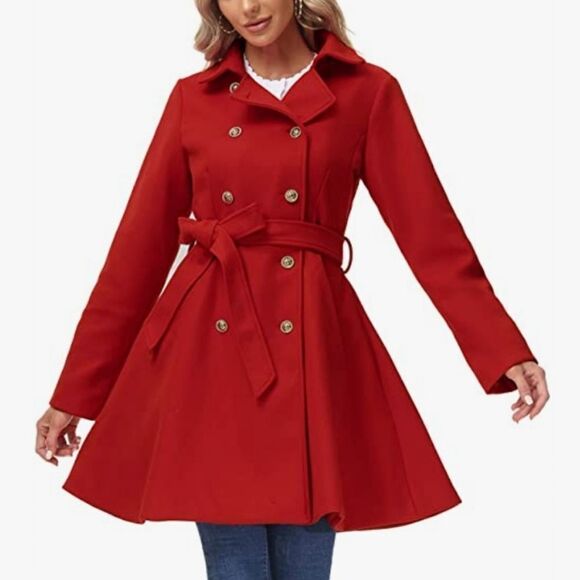 IRIS BASIC COAT NOTCH LAPEL DOUBLE BREASTED FIT & FLARE COAT - Picture 1 of 15